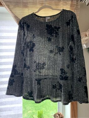 ELLE Gray Black Floral Marled Rib Knit Peplum Long Sleeve Top Medium